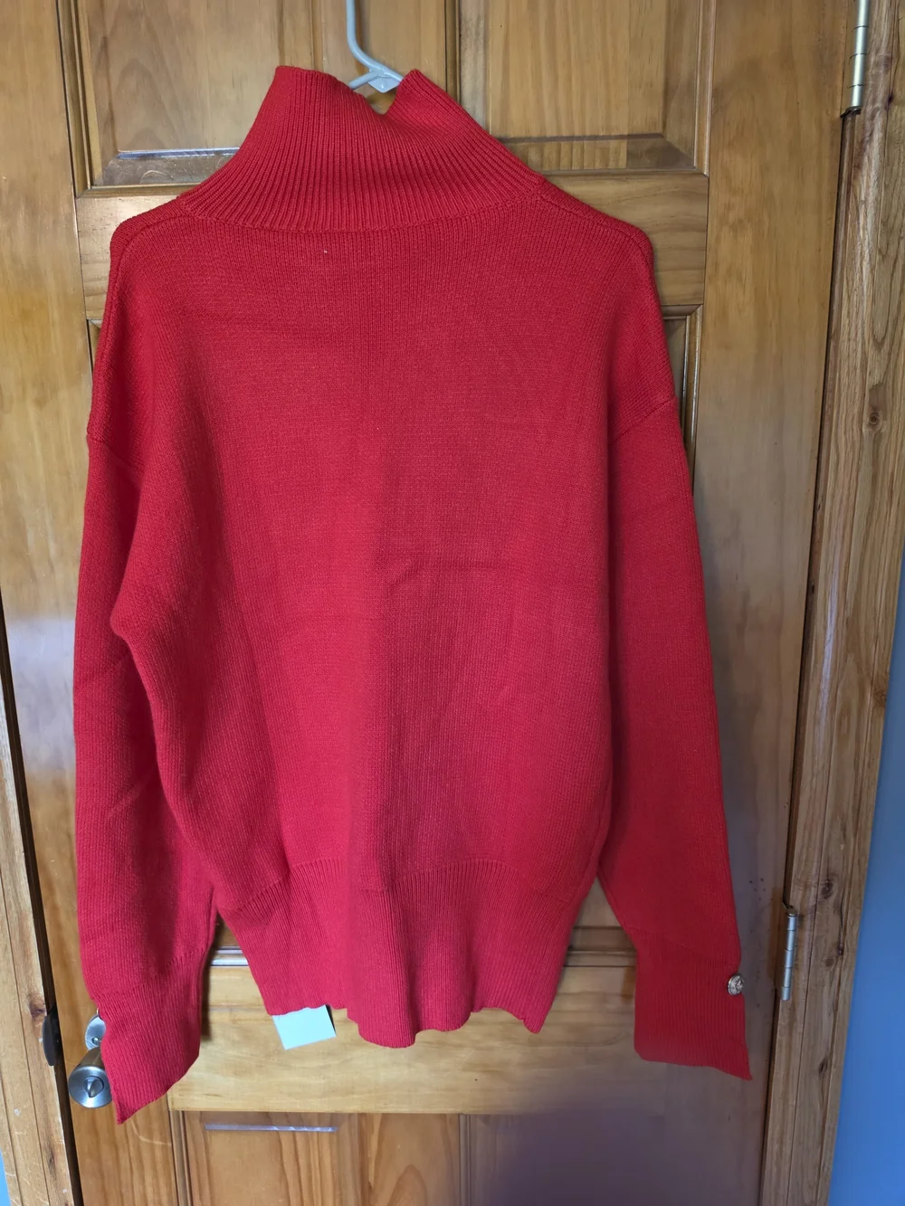 Red Ribbed Turtleneck Sweater with Button Detail